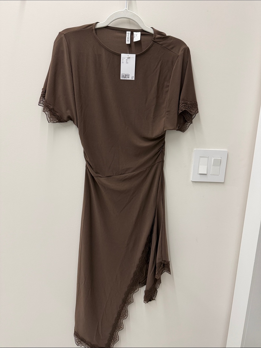 H&M Chocolate Brown Lace-Trim Asymmetric Midi Dress